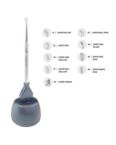 LightBeam Lighted ear curette system showing all styles and curette with light source on charger