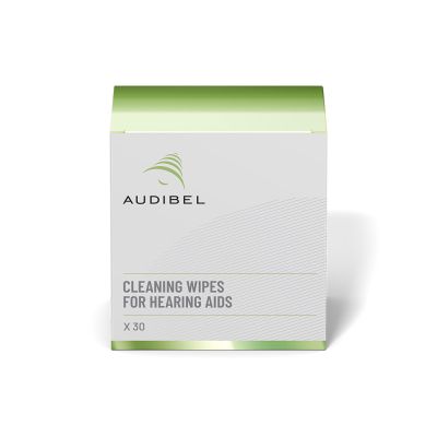 Audibel cleaning wipes for hearing aids in a box of 30