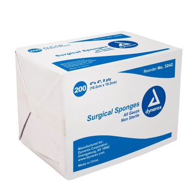 Dynarex 3242 gauze pads. 4x4, 8 ply, box of 200