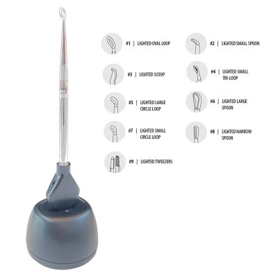 LightBeam Lighted ear curette system showing all styles and curette with light source on charger