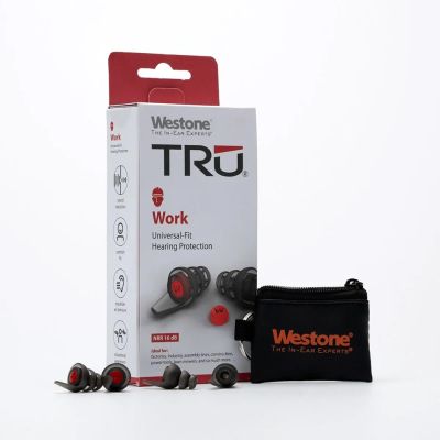 TRU Work Universal Fit Hearing Protection Earplugs shown with box and protective pouch