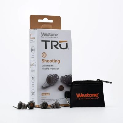 TRU Shooting Universal Fit Hearing Protection Earplugs shown with box and carrying pouch
