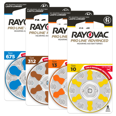 Rayovac ProLine Advanced hearing aid batteries showing all four sizes on cards of six cells.