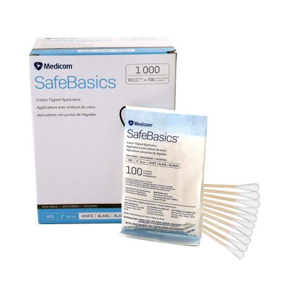 Cotton tipped swabs in packs of 100. Ten packs per box.