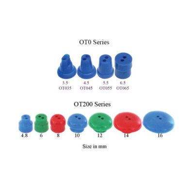 Grason and Associates OT series single use eartips for Otodynamics probes showing different sizes.